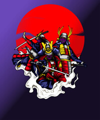 illustration design of three scary masked samurai knights