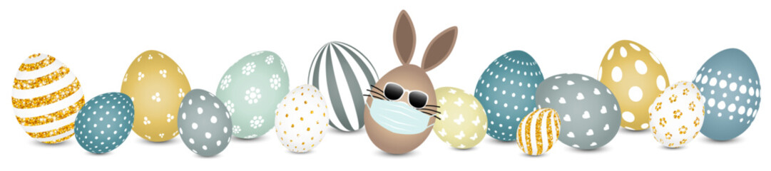 Hasenei Maske Sonnenbrille & Ostereier Muster Banner Senf Petrol Grau/Gold