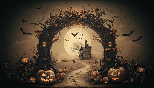 Illustration of a vintage halloween setting that has a circular arch surrounded by pumpkins with a spooky house and the moon and bats in the background all in shades of brown and orange