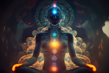 Energy chakra meditation of mind body and soul. Generative AI - obrazy, fototapety, plakaty