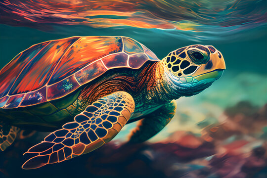 Tortuga colorida bajo el mar. IA Generativa