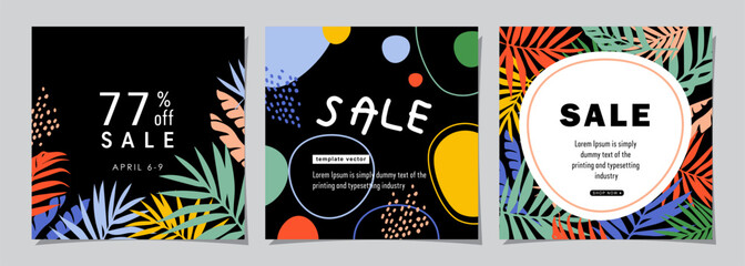 Set for square web banner for social media post design template. summer sale promotion. discount backgrounds with tropical pattern. mobile apps advertising. 