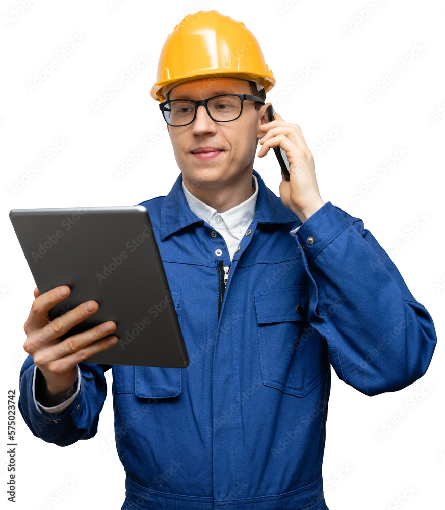 Poster engineer with phone and digital tablet