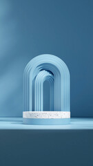 in portrait blue arch background, rendering 3d blank mockup white marble cylinder podium