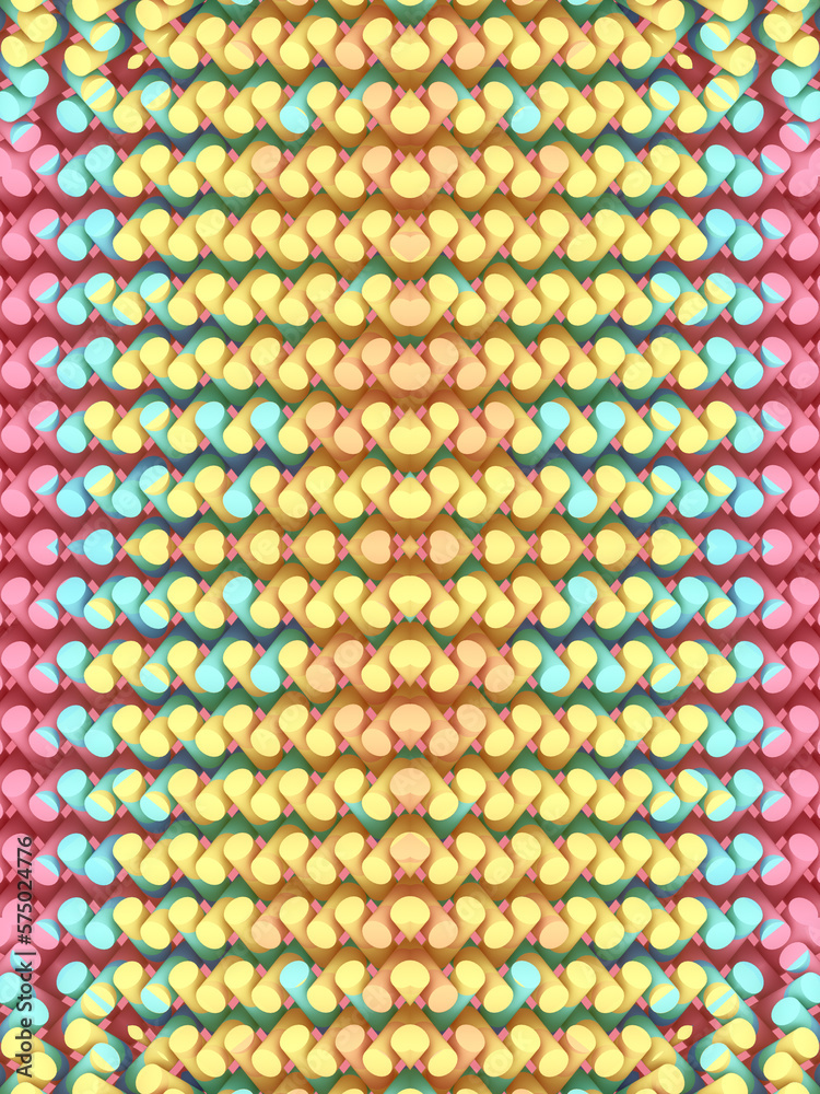 Poster Kaleidoscopic pattern of multi colored cylinders. Abstract background. 3d rendering digital illustration