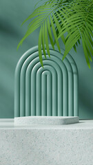 green arch and palm plant, 3d rendering scene template green terrazzo podium in portrait