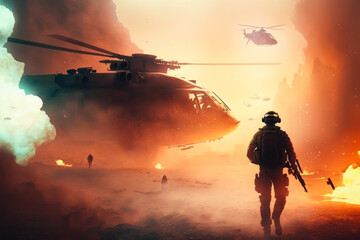 Soldier is standing in front of helicopter with smoke coming out of it. Generative AI.