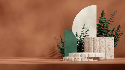 green leaf and white backdrop, rendering 3d mockup template terrazzo texture podium in landscape