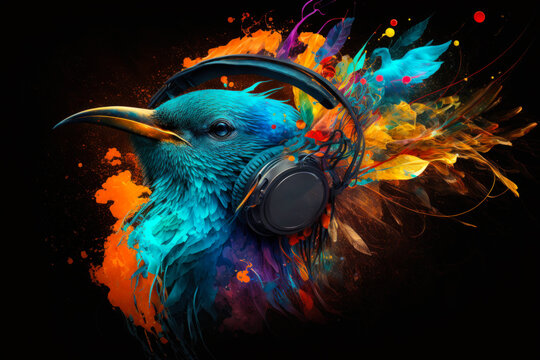 Colorful bird with headphones on its head. Generative AI.