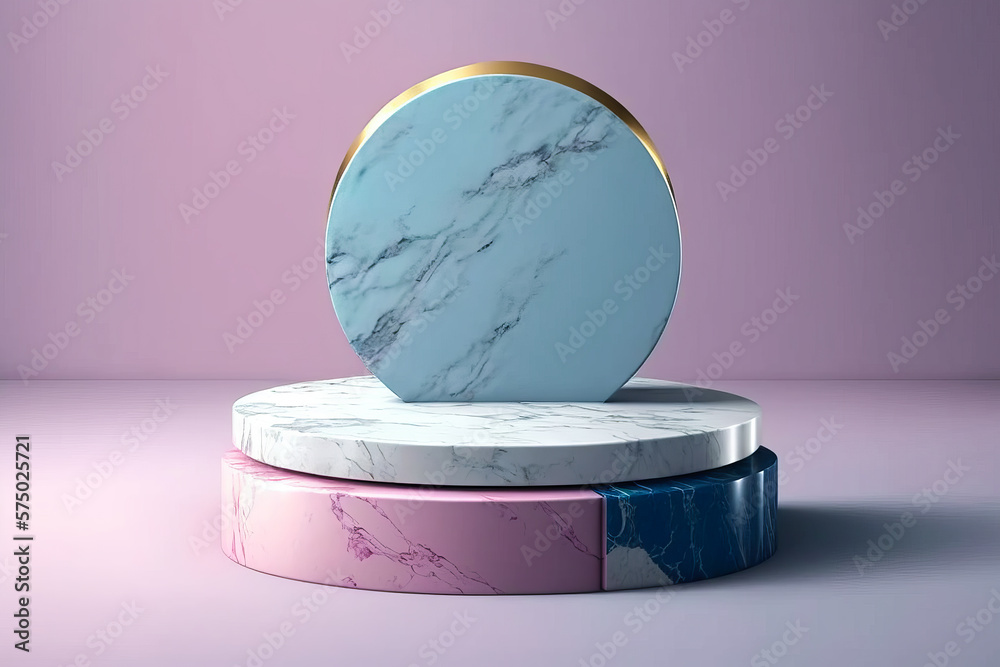 Poster Marble pedestal on top of pink and blue platform. Generative AI.