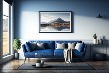 Blue couch in living room with mountains in the background. Generative AI.