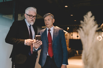 Formal businessman sharing smartphone with senior partner