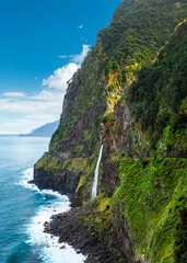 Beautiful view of Cascata do Veu da Noiva waterfall or Bridal Veil near Porto Moniz and Seixal....