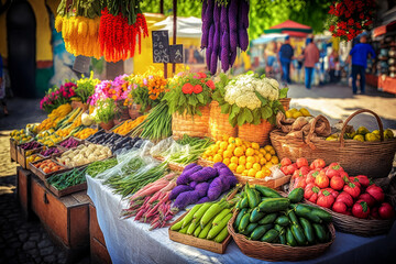 Vegetables are displayed on table at an outdoor market. Generative AI.