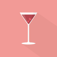 red cocktail in a glass with hearts on a pink background  flat vector illustration 
