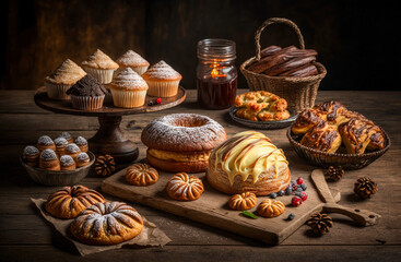 Obraz na płótnie Canvas Variety of pastries are displayed on table. Generative AI.