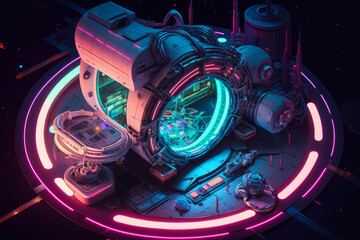 futuristic space station with neon lights. Generative AI.