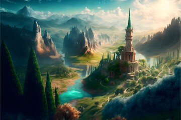 full scene photography dramatic high view point surreal nature epic fantasy landscape very tall mountain fantasy cities with Illustrious intricate architecture on many floating islands babel tower  - obrazy, fototapety, plakaty