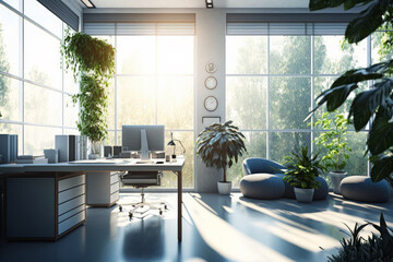 An office with lots of plants and windows. Generative AI.