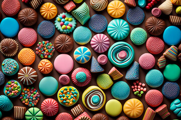 Fototapeta na wymiar Colorful candies are arranged on dark background. Generative AI.