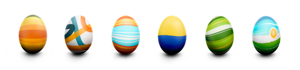 A collection of traditional Easter eggs painted in bright colours isolated against a transparent background.