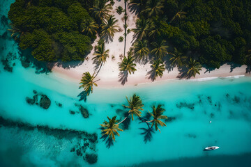 Maldives island beach. Tropical landscape of summer scenery, white sand with palm trees. Neural network AI generated art © mehaniq41