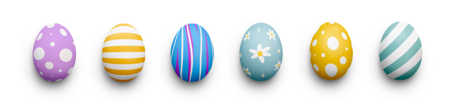 A collection of traditional Easter eggs painted in bright colours isolated against a transparent background.