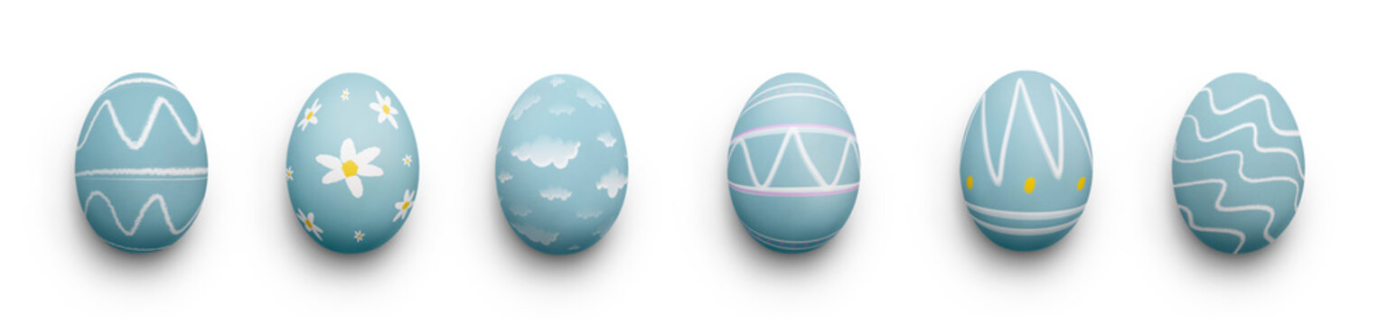 A collection of duck egg blue traditional Easter eggs painted in bright colours isolated against a transparent background.
