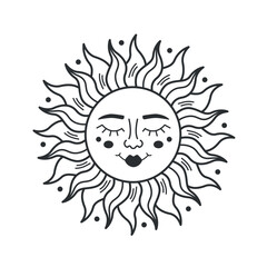 Sun with face isolated on white background. Sun boho mystical sign for design, logo, tattoo. Bohemian style. Vector stock