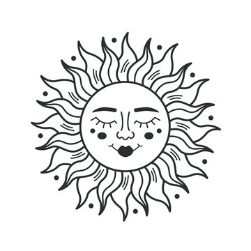 Sun with face isolated on white background. Sun boho mystical sign for design, logo, tattoo. Bohemian style. Vector stock