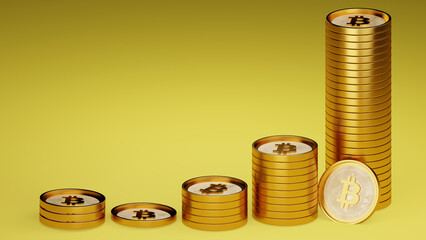 3D rendering of a stack of bitcoin coins on a yellow background. For online services, web page design, article design. Cryptocurrency markets. Background with realistic bitcoin coins.