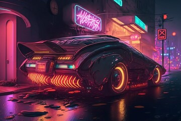 Obraz na płótnie Canvas Super sports car parked on the street in cyberpunk city, illuminated by neon lights. illustration of the future world. generative ai