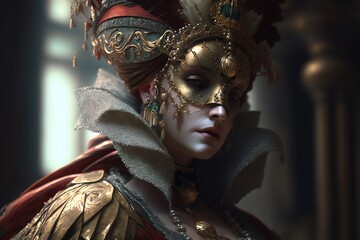 Venetian carnival mask and beaded jewelry on a woman, close-up. Von Mardi Gras. Venice Carnival. Generative AI