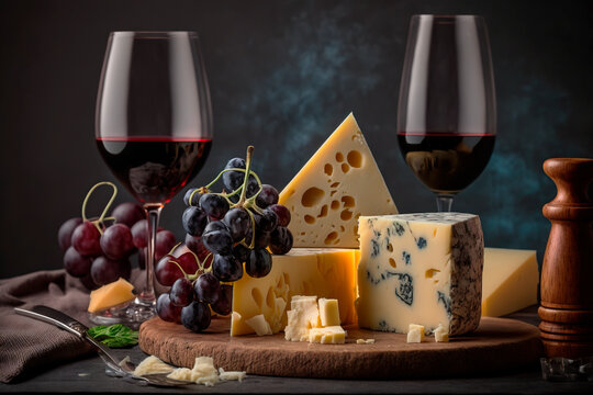 cheese board accompanied by grapes and glasses of red wine .Image generated by AI