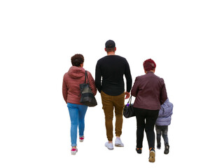 Quatre personnes vues de dos  qui marchent ensemble, un homme, deux femmes et un petit garçon,...