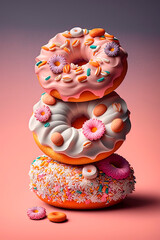 Three donuts stacked on top of each other with sprinkles. Generative AI