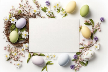 Naklejka na ściany i meble Happy Easter concept with easter eggs in nest and spring flowers. Easter background with copy space, flat lay, Generative AI