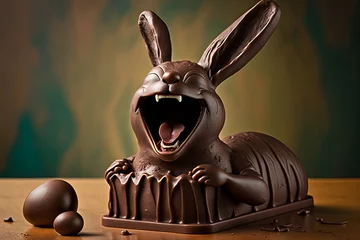 Fotobehang Lachender und lustiger Schoko Osterhase auf einem Tisch, Schokolade, Generative AI © Stephan