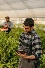 A smiling male farmer holding a digital tablet in a greenhouse and analyzing the crops, while a...