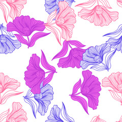 Beautiful flower line seamless pattern ornament. Floral vintage outline endless background. Retro style.