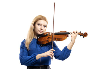 Beautiful blond girl playing violin. Female violinist isolated on white background.