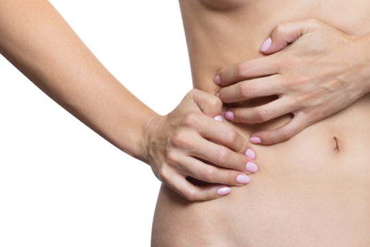 Female touching her belly side, cut out