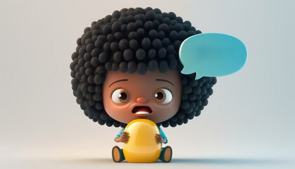 The cute little afro boy uses speech bubbles to communicate feeling surprised and isolated on a light pastel background. Generative AI - 575034730