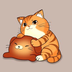 2d illustration , orange cat, red cat, hug cat