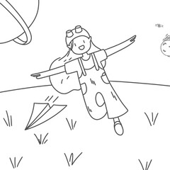 Book story illustration. The girl runs across the field. The girl runs by plane, throws a toy plane. Planets in the background