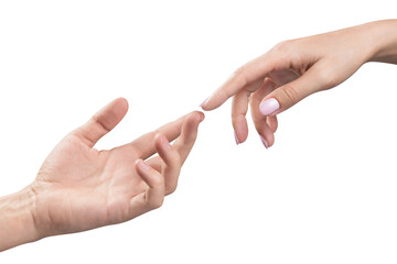 Male and female hands stretching towards each other, cut out