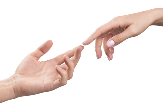 Male and female hands stretching towards each other, cut out