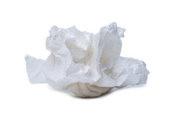 Single screwed or crumpled tissue paper or napkin in strange shape after use in toilet or restroom isolated on white background with clipping path