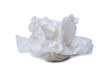 Single screwed or crumpled tissue paper or napkin in strange shape after use in toilet or restroom isolated on white background with clipping path and shadow in png file format