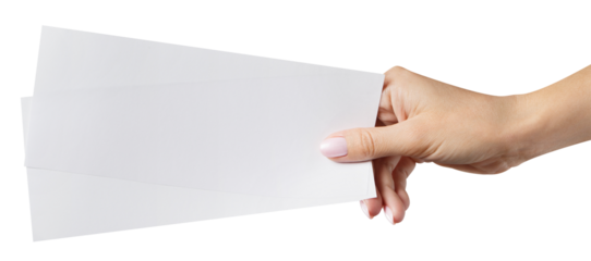 Female hand holding two blank sheets of paper (tickets, flyers, invitations, coupons, banknotes, etc.), cut out